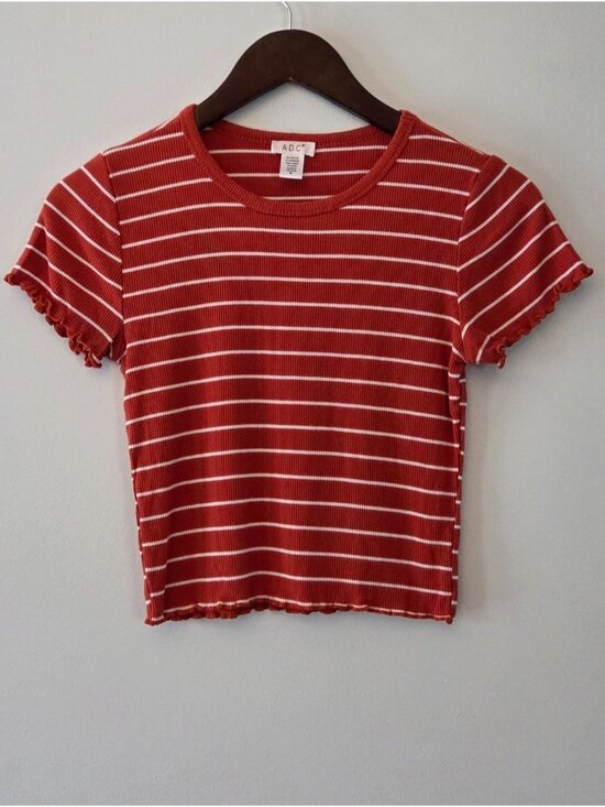 Tops - Red and White Striped Ribbed Crop Tee